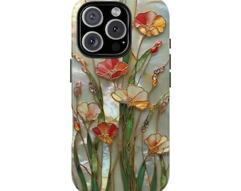 Wildblumen Glasmalerei-Mosaik-Effekt Tough Phone Case für iPhone 17 16 15 14 12 11 8 Pro Max Samsung S26 S25 S24 S23 S22 S21 Plus Ultra Ultra