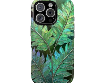 Tropische Blätter Glasmalerei-Mosaik-Effekt Tough Phone Case iPhone 17 16 15 14 12 11 8 Pro Max Samsung S26 S25 S24 S23 S22 S21 Plus Ultra