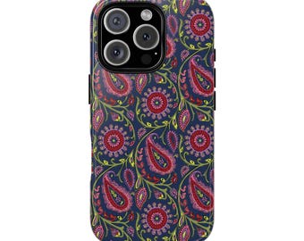 Robuste Handyhülle im Blockdruck-Paisley-Blumenmuster für iPhone 17, 16, 15, 14, 12, 11, 8 Pro Max und Samsung S26, S25, S24, S23, S22, S21 Plus Ultra