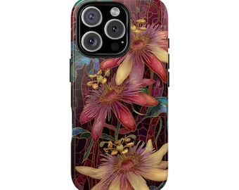 Red Passionflower Stained Glass Effect Tough Phone Case for iPhone 18 17 16 15 14 12 11 8 Pro Max Samsung  S26 S25 S24 S23 S22 Plus Ultra