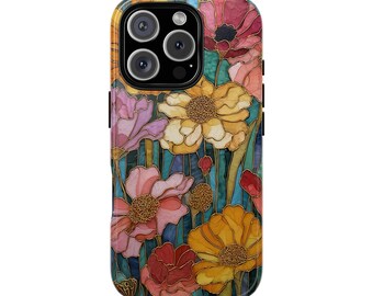 Wildblumen Glasmalerei-Mosaik-Effekt Tough Phone Case für iPhone 17 16 15 14 12 11 8 Pro Max Samsung S26 S25 S24 S23 S22 S21 Plus Ultra Ultra