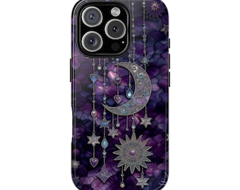 Celestial Moon Stars Faux Stained Glass Tough Phone Case for iPhone 18 17 16 15 14 12 11 8 Pro Max Samsung  S26 S25 S24 S23 S22 Plus Ultra