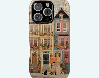 Schwarze Katze Handyhülle: Viktorianische Häuser, Buntes Straßen Design für iPhone 17 16 15 14 12 11 8 Pro MAX Samsung S21 S22 S23 S24 S25 Plus Ultra