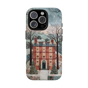 Kerstrood oud huistelefoonhoesje: gezellig vintage landelijk landschap voor iPhone 17 16 15 14 12 11 8 Pro MAX Samsung S21 S22 S23 S24 S25 Plus Ultra