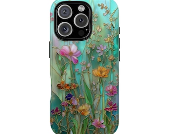 Cute Wildflower Stained Glass Effect Tough Phone Case for iPhone 18 17 16 15 14 12 11 8 Pro Max Samsung  S26 S25 S24 S23 S22 Plus Ultra