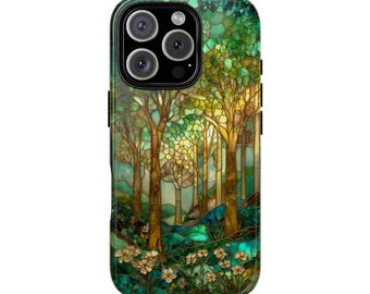 Forest Trees Stained Glass Mosaic Effect Tough Phone Case for iPhone 18 17 16 15 14 12 11 8 Pro Max Samsung  S26 S25 S24 S23 S22 Plus Ultra