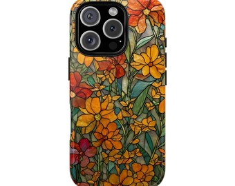 Wildblumen Glasmalerei-Mosaik-Effekt Tough Phone Case für iPhone 17 16 15 14 12 11 8 Pro Max Samsung S26 S25 S24 S23 S22 S21 Plus Ultra Ultra