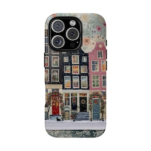 Custodia per telefono effetto tessuto con case natalizie di Amsterdam e gatto nero per iPhone 17 16 15 14 12 11 8 Pro MAX Samsung S21 S22 S23 S24 S25 Plus Ultra