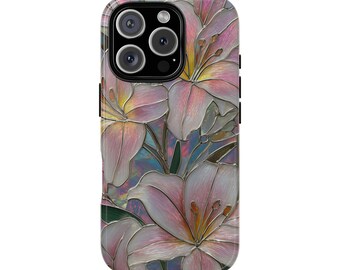 Lily Flowers Stained Glass Mosaic Effect Tough Phone Case for iPhone 17 16 15 14 12 11 8 Pro Max Samsung  S26 S25 S24 S23 S22 S21 Plus Ultra