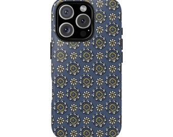 Ästhetische, robuste Handyhülle im Folk-Design mit blauem Blockdruck für iPhone 17, 16, 15, 14, 12, 11, 8 Pro Max und Samsung S26, S25, S24, S23, S22, S21 Plus Ultra