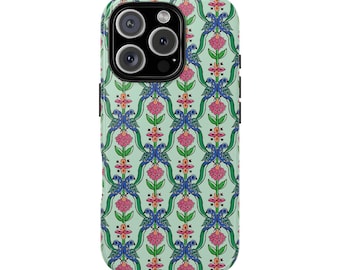 Robuste Handyhülle im Vintage-Stil mit rosa Blockdruck, Vögeln und Blumen für iPhone 17, 16, 15, 14, 12, 11, 8 Pro Max und Samsung S26, S25, S24, S23, S22, S21 Plus Ultra