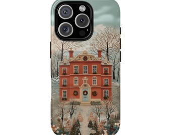 Weihnachten Rote Haus Handyhülle: Cosy Vintage Winter Motiv für iPhone 17 16 15 14 12 11 8 Pro MAX Samsung S21 S22 S23 S24 S25 Plus Ultra Ultra