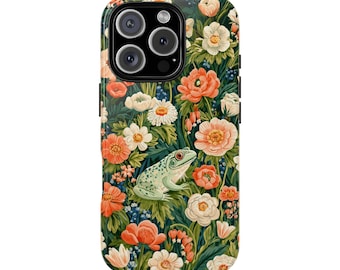 Funny Frog in Colorful Flower Garden Tough Phone Case for iPhone 18 17 16 15 14 12 11 8 Pro Max Samsung  S26 S25 S24 S23 S22 Plus Ultra