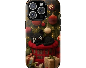 Gehäkelte schlafende schwarze Katze Handyhülle: Süße Kitty Weihnachtsszene iPhone 17 16 15 14 12 11 8 Pro MAX Samsung S21 S22 S23 S24 S25 Plus Ultra Ultra