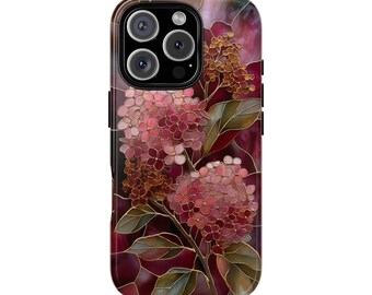 Hydrangea Burgundy Stained Glass Effect Tough Phone Case for iPhone 18 17 16 15 14 12 11 8 Pro Max Samsung  S26 S25 S24 S23 S22 Plus Ultra