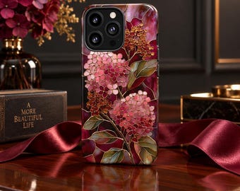 Robuste Handyhülle mit Hortensien-Burgunder-Buntglas-Effekt für iPhone 18, 17, 16, 15, 14, 12, 11, 8 Pro Max und Samsung S26, S25, S24, S23, S22 Plus Ultra