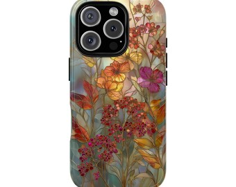 Wildflower Stained Glass Effect Tough Phone Case for iPhone 18 17 16 15 14 12 11 8 Pro Max Samsung  S26 S25 S24 S23 S22 Plus Ultra