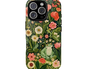 Funny Frog in Flower Garden Tough Phone Case for iPhone 18 17 16 15 14 12 11 8 Pro Max Samsung  S26 S25 S24 S23 S22 Plus Ultra
