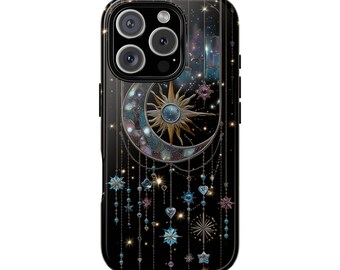 Celestial Sun Moon Stars Faux Stained Glass Tough Phone Case iPhone 17 16 15 14 12 11 8 Pro Max Samsung  S26 S25 S24 S23 S22 S21 Plus Ultra