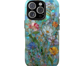 Aesthetic Wildflower Stained Glass Effect Tough Phone Case for iPhone 18 17 16 15 14 12 11 8 Pro Max Samsung  S26 S25 S24 S23 S22 Plus Ultra