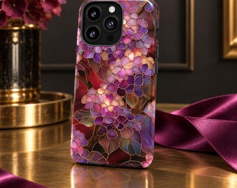 Robuste Handyhülle mit Hortensien-Lila-Buntglas-Effekt für iPhone 18, 17, 16, 15, 14, 12, 11, 8 Pro Max und Samsung S26, S25, S24, S23, S22 Plus Ultra