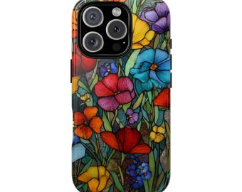 Wildblumen Glasmalerei-Mosaik-Effekt Tough Phone Case für iPhone 17 16 15 14 12 11 8 Pro Max Samsung S26 S25 S24 S23 S22 S21 Plus Ultra Ultra