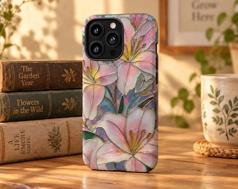 Lilie Blumen Glasmalerei-Mosaik-Effekt Tough Phone Case für iPhone 17 16 15 14 12 11 8 Pro Max Samsung S26 S25 S24 S23 S22 S21 Plus Ultra Ultra