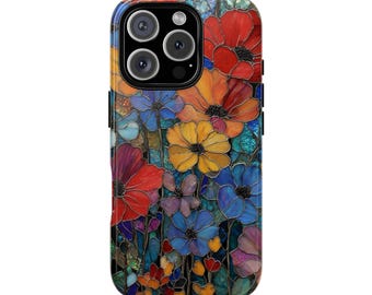 Wildblumen Glasmalerei-Mosaik-Effekt Tough Phone Case für iPhone 17 16 15 14 12 11 8 Pro Max Samsung S26 S25 S24 S23 S22 S21 Plus Ultra Ultra