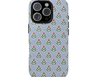 Ästhetisches, blaues Blumenmuster – robuste Handyhülle für iPhone 17, 16, 15, 14, 12, 11, 8 Pro Max und Samsung S26, S25, S24, S23, S22, S21 Plus Ultra