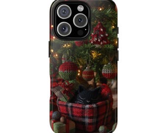 Crochet Sleeping Black Cat Phone Case: Cute Kitty Christmas Scene iPhone 17 16 15 14 12 11 8 Pro MAX Samsung S21 S22 S23 S24 S25 Plus Ultra