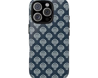 Aesthetic Blue Block Print Folk Design Tough Phone Case for iPhone 17 16 15 14 12 11 8 Pro Max Samsung  S26 S25 S24 S23 S22 S21 Plus Ultra