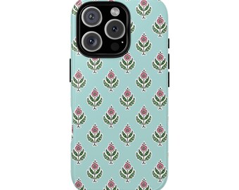Robuste Handyhülle mit Retro-Blumenmuster im Blockdruck-Stil für iPhone 17, 16, 15, 14, 12, 11, 8 Pro Max und Samsung S26, S25, S24, S23, S22, S21 Plus Ultra