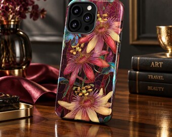 Robuste Handyhülle mit rotem Passionsblumen-Buntglas-Effekt für iPhone 18, 17, 16, 15, 14, 12, 11, 8 Pro Max und Samsung S26, S25, S24, S23, S22 Plus Ultra