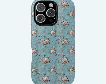 iPhone Hülle antike Blumen rosa Rosen blau Blumenfresko verwendet Stil iPhone 16 15 14 13 12 11 8 X XR XS Pro MAX