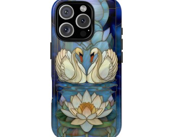 Love Swan Waterlily Stained Glass Effect Tough Phone Case for iPhone 18 17 16 15 14 12 11 8 Pro Max Samsung  S26 S25 S24 S23 S22 Plus Ultra