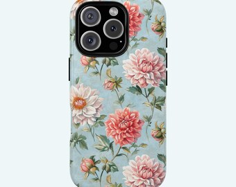 Funda para iPhone con estampado floral antiguo, clásica, rosa dalias, estilo shabby chic vintage, turquesa claro, para iPhone 16, 15, 14, 12, 11, 8, X, XR, XS, Pro y MAX.
