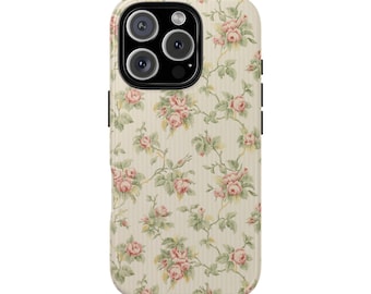 Romantic Retro Roses & Stripes Tough Phone Case for iPhone 18 17 16 15 14 12 11 8 Pro Max Samsung  S26 S25 S24 S23 S22 Plus Ultra