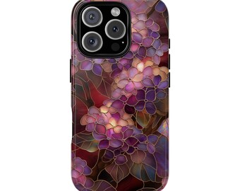 Hydrangea Purple Stained Glass Effect Tough Phone Case for iPhone 18 17 16 15 14 12 11 8 Pro Max Samsung  S26 S25 S24 S23 S22 Plus Ultra