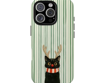 Christmas Cute Black Cat Rudolph Striped Tough Phone Case for iPhone 17 16 15 14 12 11 8 Pro Max Samsung  S26 S25 S24 S23 S22 S21 Plus Ultra