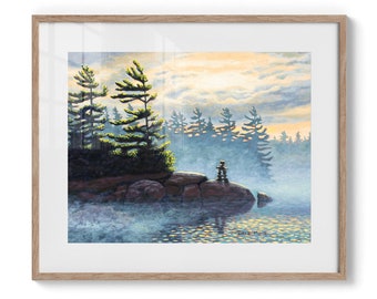 Borderless Art Print, Printed + Shipped, Canadian Landscape Oil Painting, Misty Sunrise Painting, Gift for Mom or Dad, Cottage Decor