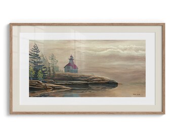 Art Print, Printed + Shipped, Lighthouse Painting, Misty Lake, Oil Painting, Gift for Mom, Gift for Dad, Cottage Decor, Rustic Decor