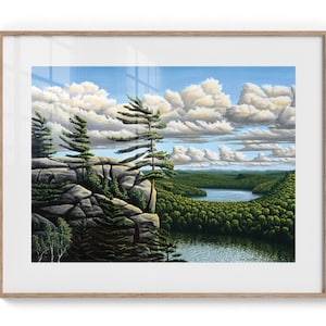 May include: A painting of a rocky cliff overlooking a lake and forest. The sky is blue with white clouds. The trees are green and the water is blue.