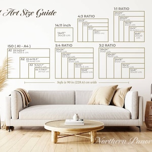 May include: A guide to wall art sizes with different aspect ratios, including 1:1, 4:3, 5:4, and 3:2. The guide shows the dimensions in inches and centimeters for each ratio, with examples of common sizes. The text "Sofa is 90 in (228.6) cm wide" is also included.