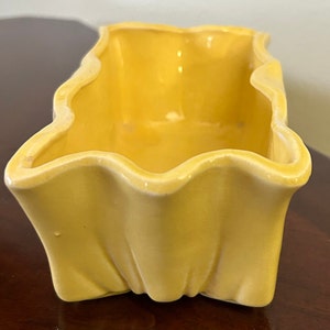 May include: A yellow ceramic planter with a wavy, ruffled edge. The planter is rectangular in shape and has a smooth, glossy finish.