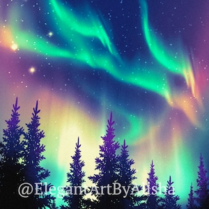 Può includere: Un'aurora boreale vibrante di colore verde e viola, nota anche come aurora boreale, illumina il cielo notturno sopra una sagoma scura di una foresta. Le stelle sono visibili nel cielo.