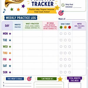 May include: A French horn practice tracker with a gold horn illustration, musical notes, and stars. The tracker includes sections for daily practice minutes, focus areas, and notes, with space for weekly goals and parent/guardian notes.