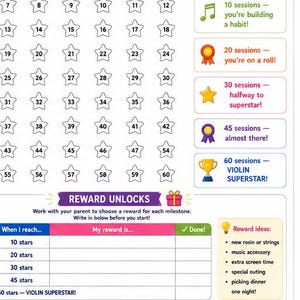 May include: A colourful violin practice star chart with a violin illustration. The chart includes spaces for stars, reward milestones, and a certificate of achievement for completing 60 practice sessions. The text reads "Violin Superstar!"