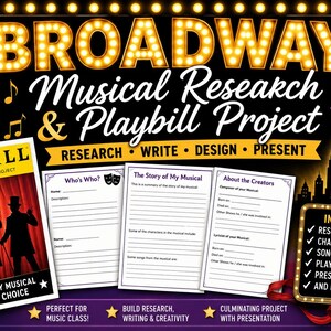 Pode incluir: Um kit educativo de projeto de pesquisa e programa de teatro musical da Broadway com fundo preto, luzes douradas, um modelo de programa e três folhas de trabalho para perfis de personagens, resumos de histórias e detalhes dos criadores.