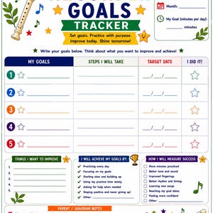 Può includere: Un tracker colorato per gli obiettivi del flauto dolce con il testo "My Recorder Goals Tracker". Il tracker include sezioni per obiettivi, passaggi, date target e misurazione del successo. Sono illustrati un flauto dolce e note musicali.
