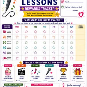 May include: A colorful voice lessons rewards tracker with a microphone illustration. The chart includes spaces to track practice time and earn stars, with rewards like a movie night or special privilege. Text includes "Practice today. Earn rewards tomorrow."